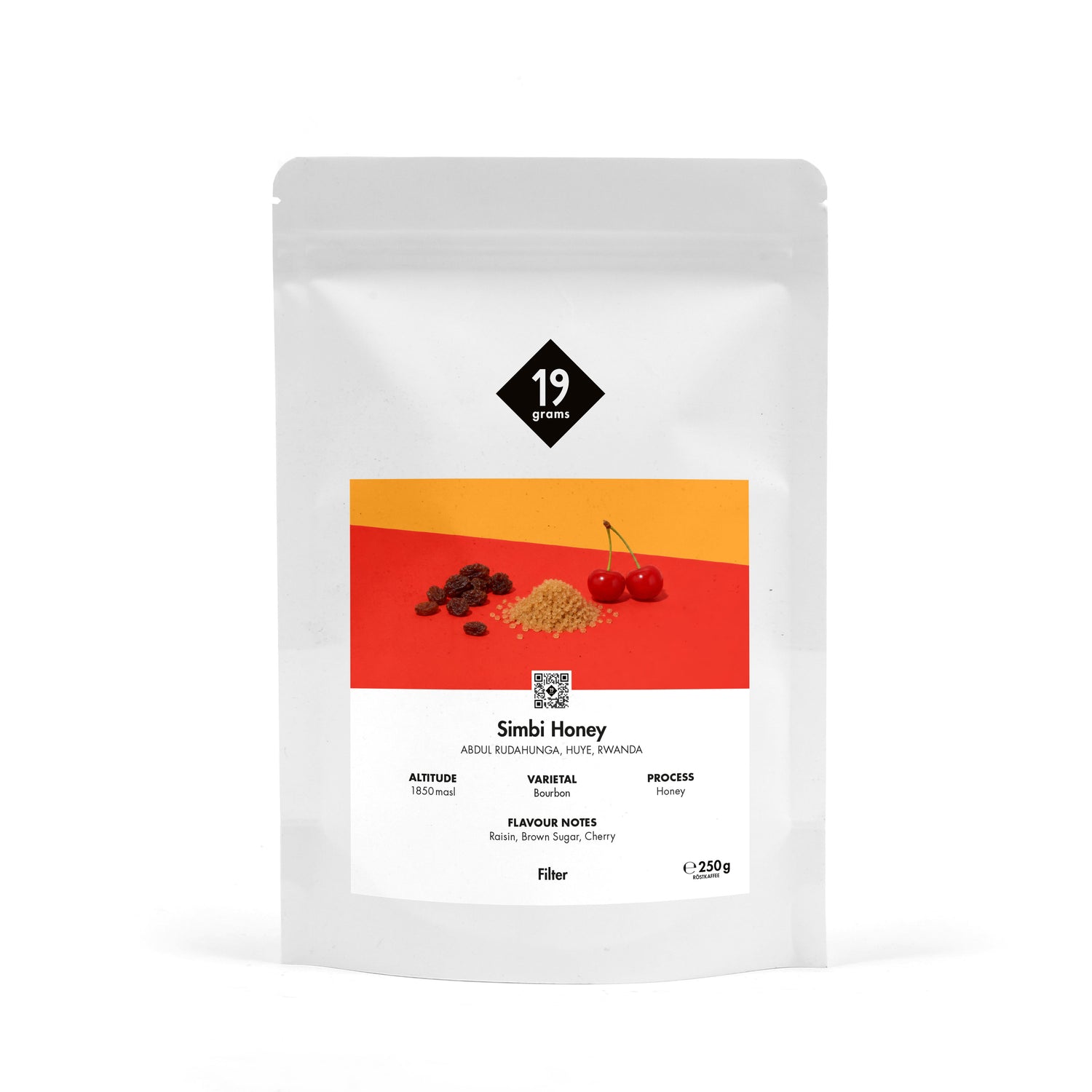 19grams Simbi Honey Filter 250g Kaffeebeutel Produktmockup – Honey Bourbon, Ruanda Uganda, Black Cherry Nougat, Specialty Coffee
