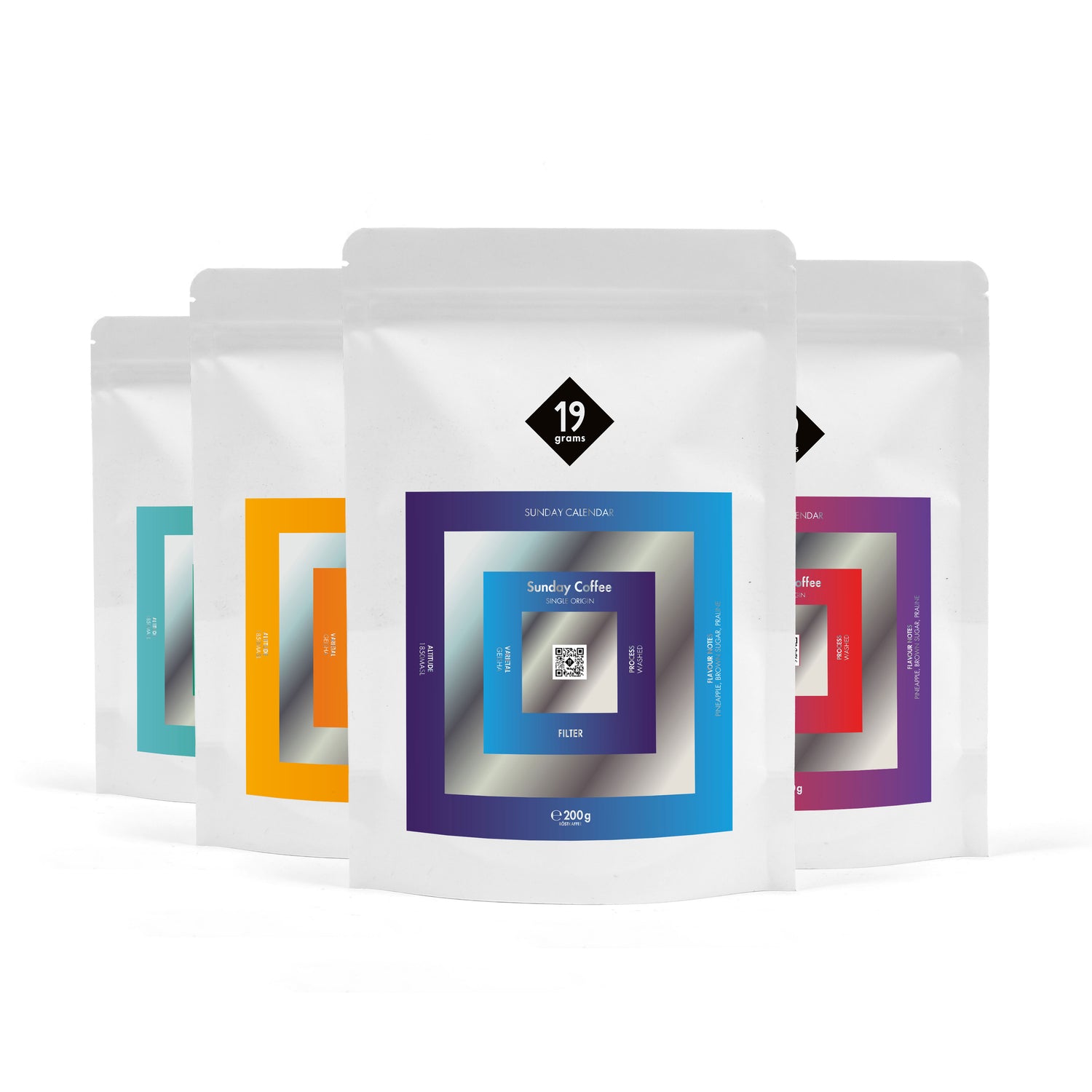 19grams Sunday Calendar Specialty Coffee – Produktmockup mit mehreren 19grams Kaffeebeuteln der Sunday Coffee Serie in bunten Designs, Filterkaffee 200g, Kaffeerösterei Berlin