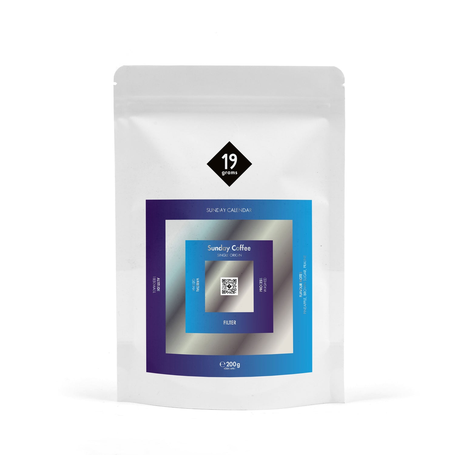 19grams Sunday Calendar Specialty Coffee – 19grams Kaffeebeutel mit blauem Sunday Coffee Design, Filterkaffee 200g, Kaffeerösterei Berlin