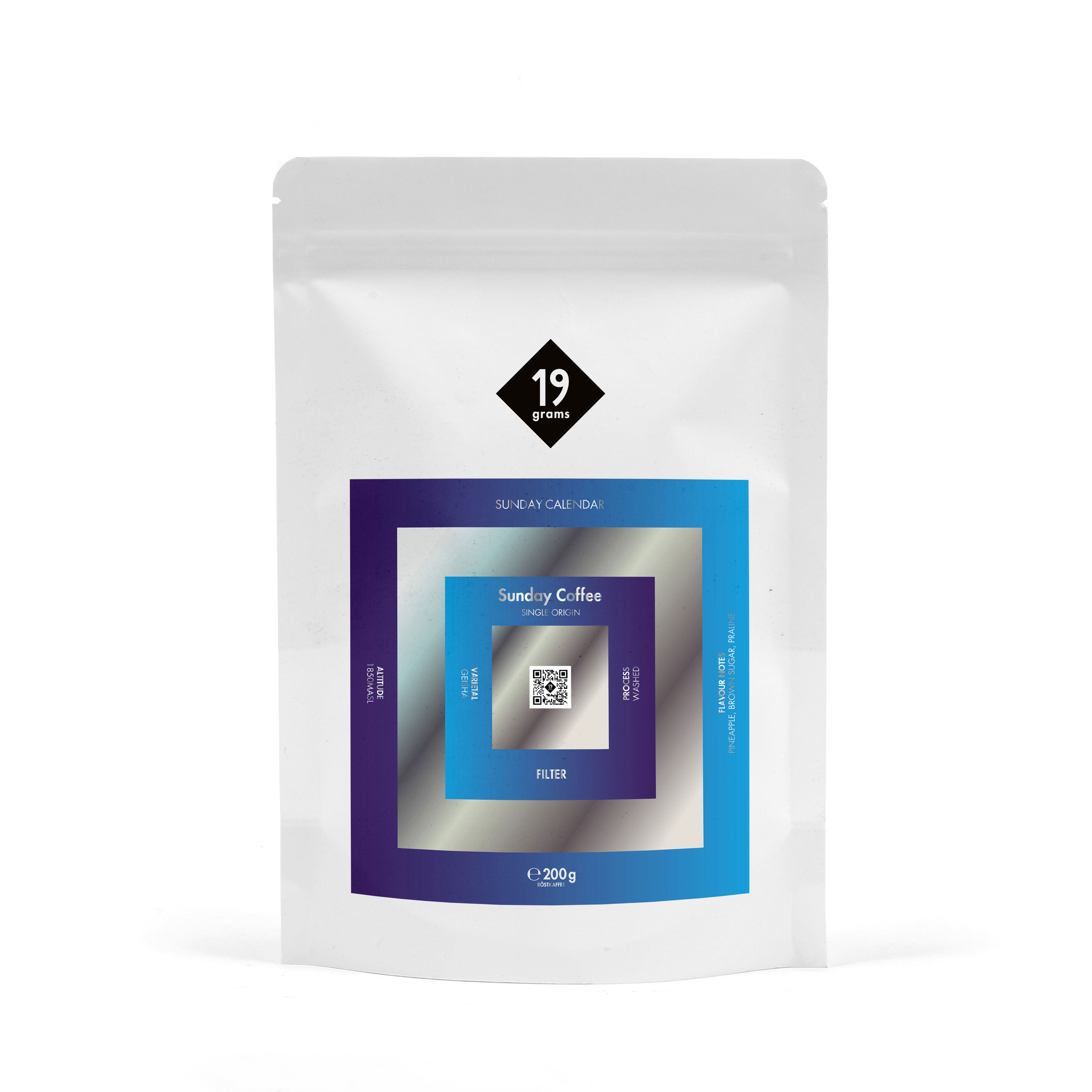 19grams Sunday Calendar Specialty Coffee – 19grams Kaffeebeutel mit blauem Sunday Coffee Design, Filterkaffee 200g, Kaffeerösterei Berlin