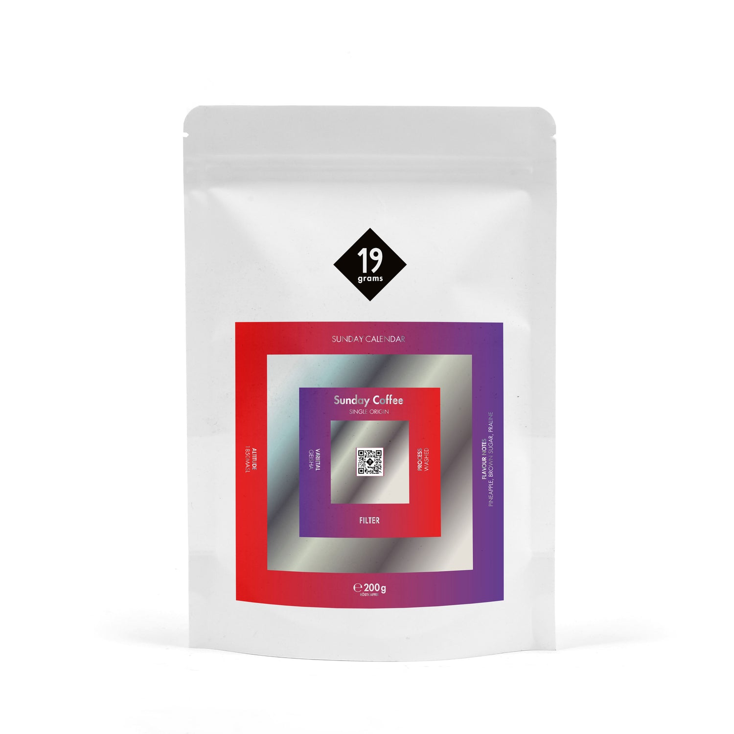 19grams Sunday Calendar Specialty Coffee – 19grams Kaffeebeutel mit rot-violettem Sunday Coffee Design, Filterkaffee 200g, Kaffeerösterei Berlin