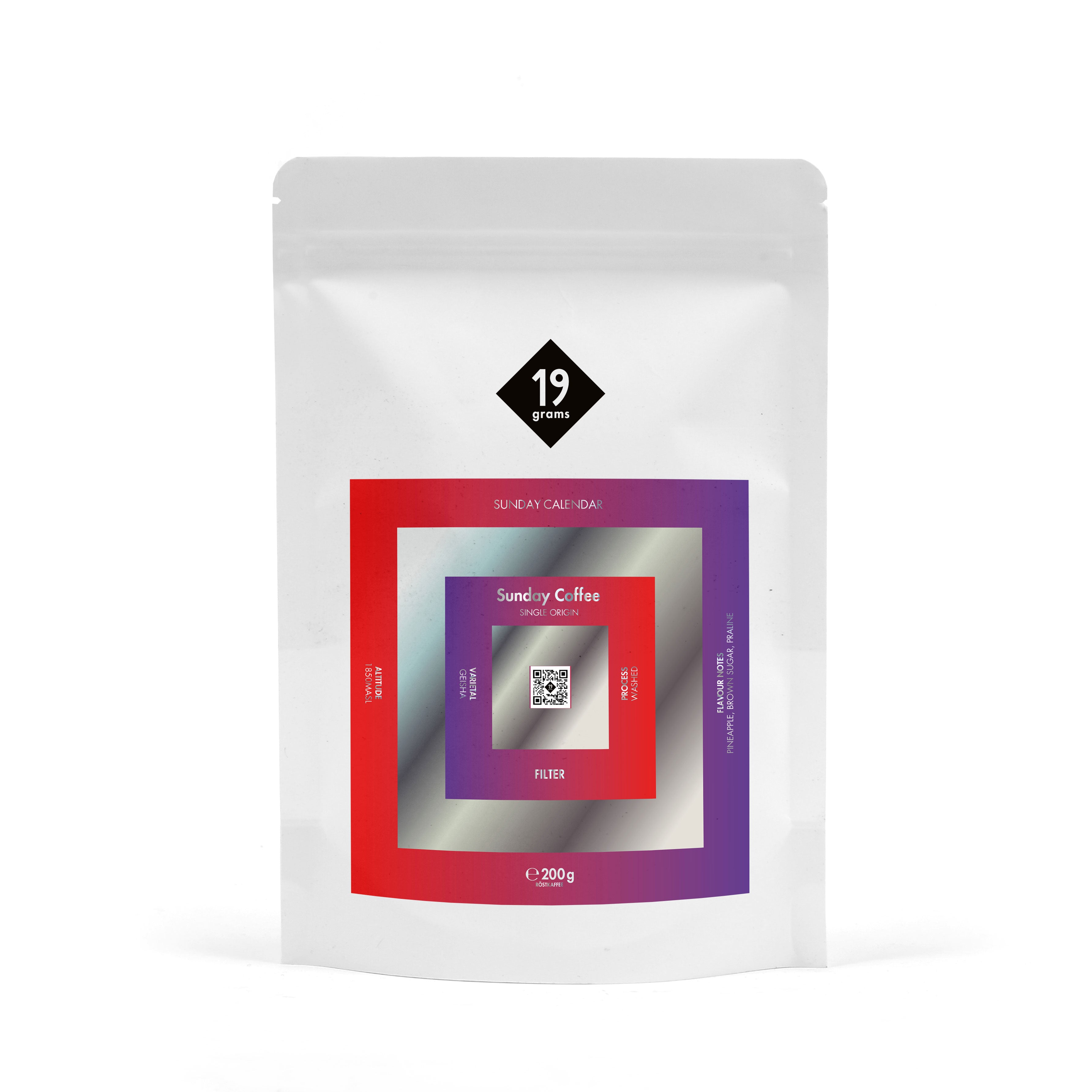 19grams Sunday Calendar Specialty Coffee – 19grams Kaffeebeutel mit rot-violettem Sunday Coffee Design, Filterkaffee 200g, Kaffeerösterei Berlin