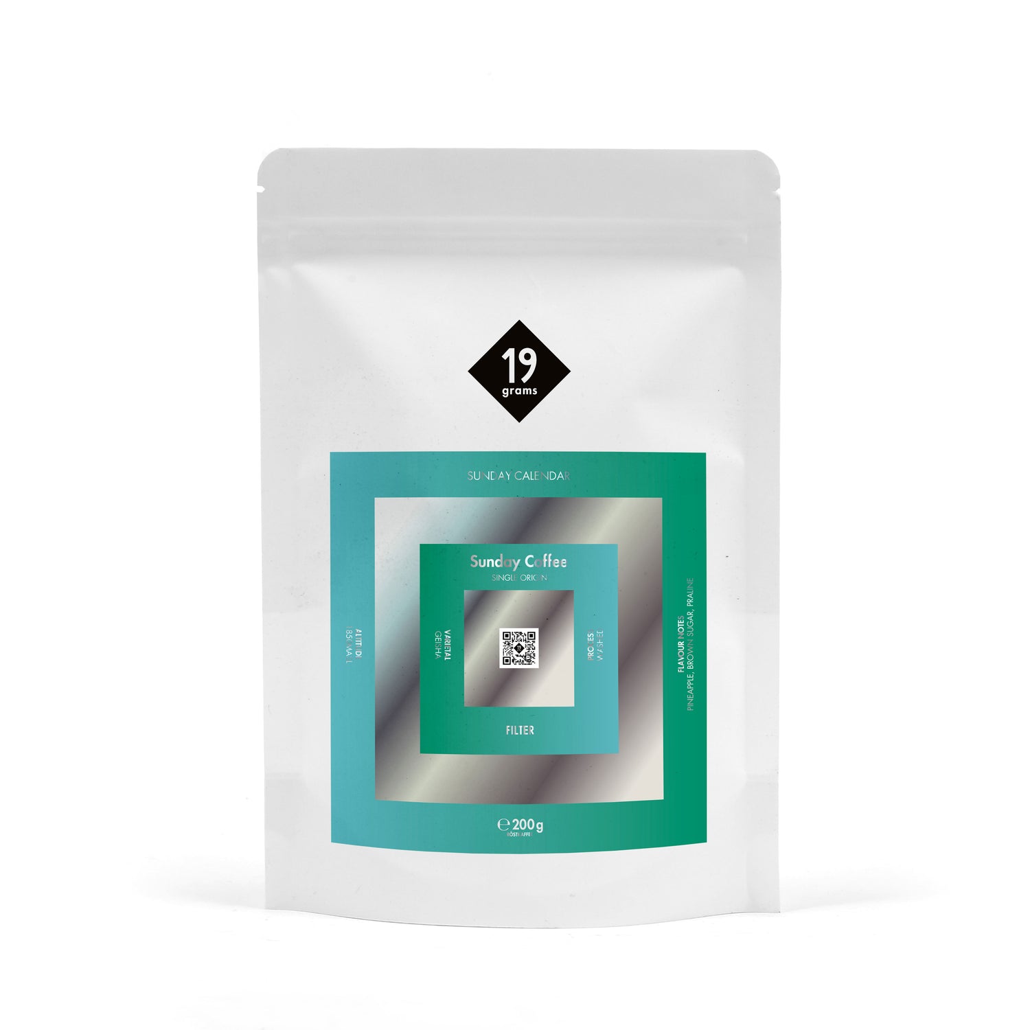19grams Sunday Calendar Specialty Coffee – 19grams Kaffeebeutel mit türkis-grünem Sunday Coffee Design, Filterkaffee 200g, Kaffeerösterei Berlin