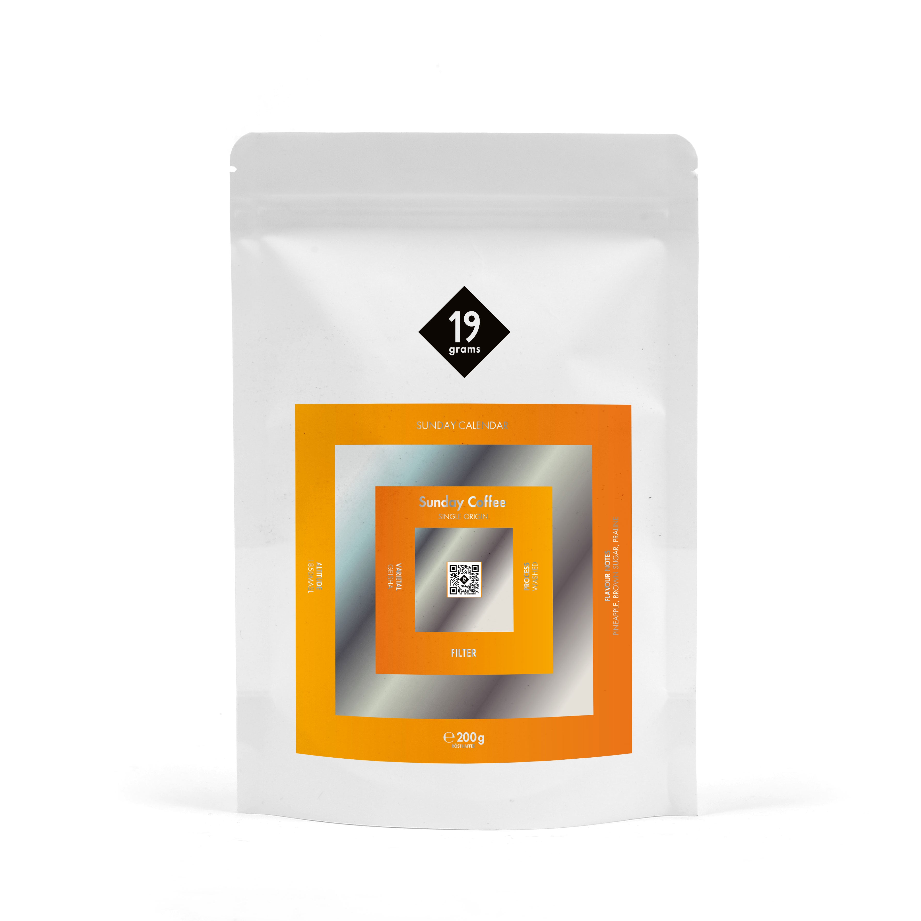 19grams Sunday Calendar Specialty Coffee – 19grams Kaffeebeutel mit orangefarbenem Sunday Coffee Design, Filterkaffee 200g, Kaffeerösterei Berlin