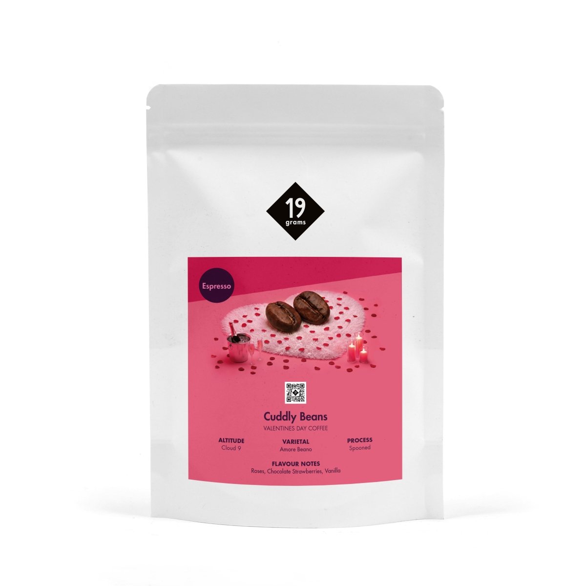 19grams Valentines „Cuddly" Espresso – Produktmockup der Valentins-Kaffeeverpackung auf weißem Hintergrund