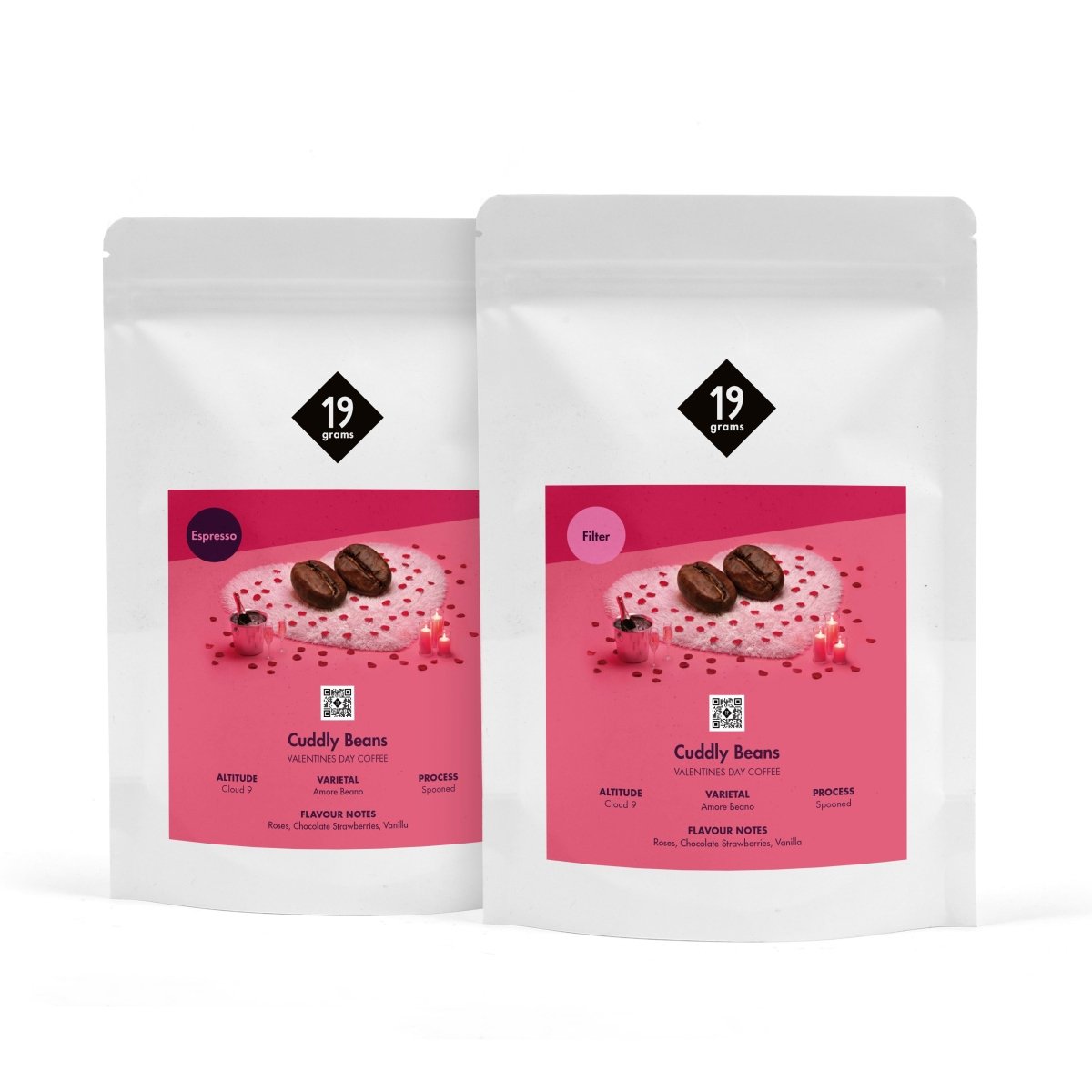 19grams Valentines „Cuddly" Espresso – Produktmockup der Kaffeeverpackung auf weißem Hintergrund