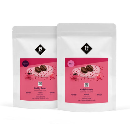 19grams Valentines „Cuddly" Espresso – Produktmockup der Kaffeeverpackung auf weißem Hintergrund