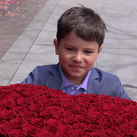 Junge trägt ein Herz aus Rosen Valentinstag gif