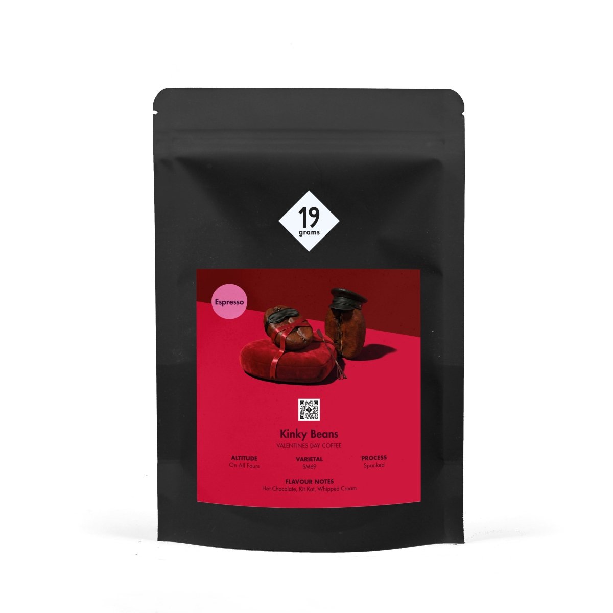 19grams Valentines „Kinky" Espresso – Produktmockup der Valentins-Kaffeeverpackung auf weißem Hintergrund