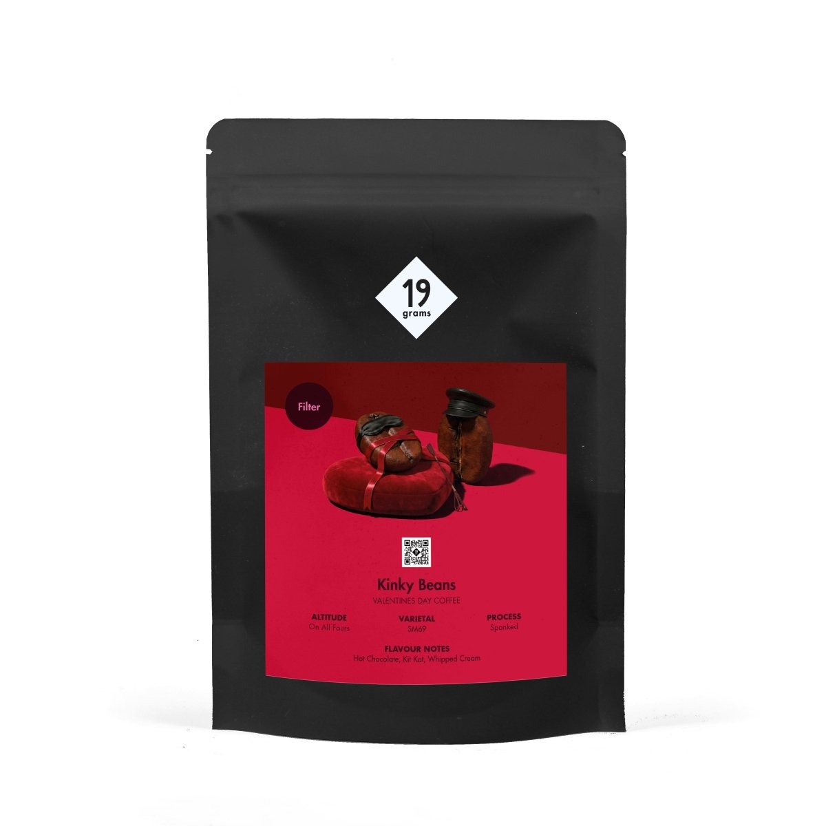 19grams Valentines „Kinky" Filterkaffee – Produktmockup der Kaffeeverpackung auf weißem Hintergrund
