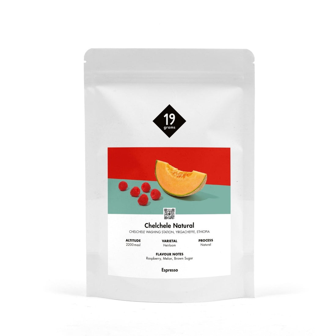 19grams Chelchele Espresso Kaffeebohnen in der 250g Tüte mit Noten von Melone und Himbeeren