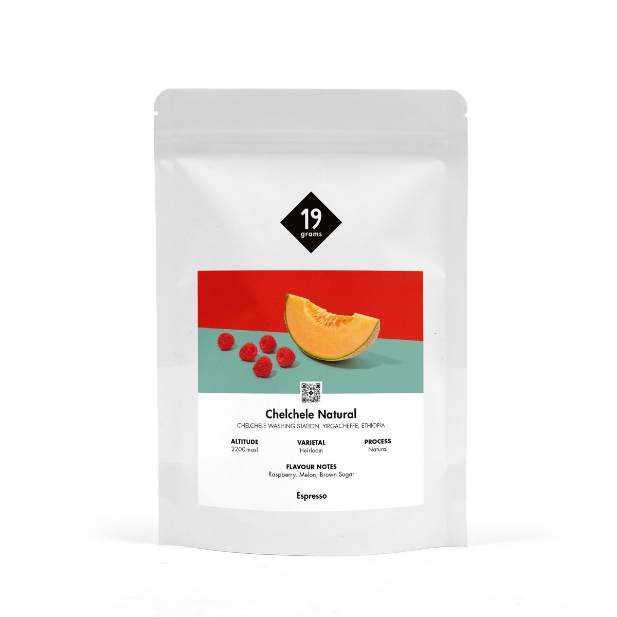 19grams Chelchele Espresso Kaffeebohnen in der 250g Tüte mit Noten von Melone und Himbeeren