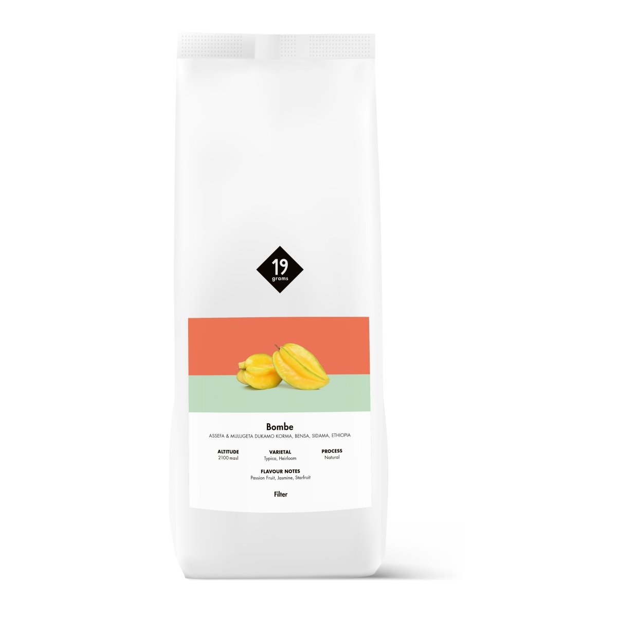 Mockup Vorderseite 19grams Bombe Natural - Äthiopien Filter 1000g Tüte